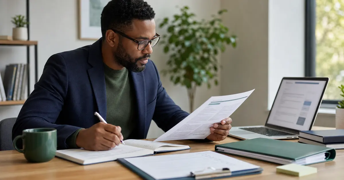 Researcher comparing an official program source with notes while reviewing therapy practice guidance