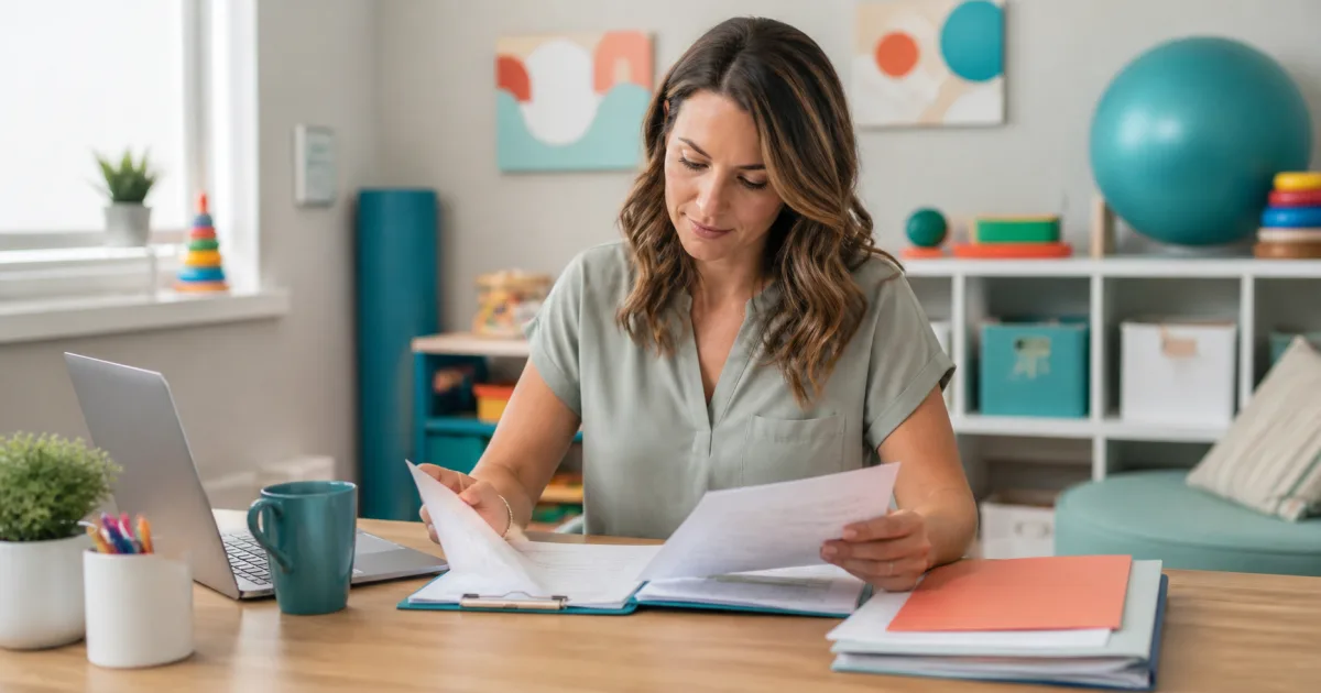 Education-service therapist reviewing privacy-conscious service records while preparing an invoice in a clinic workspace
