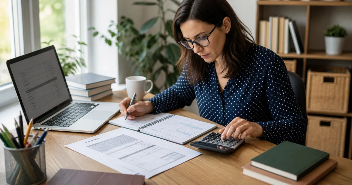 Independent tutor reviewing session records while preparing a tutoring invoice at a desk