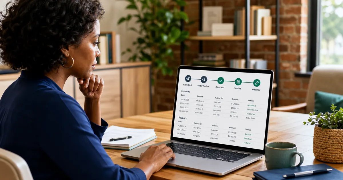 ESA provider reviewing ClassWallet submission, review, approval and settlement statuses for Alabama