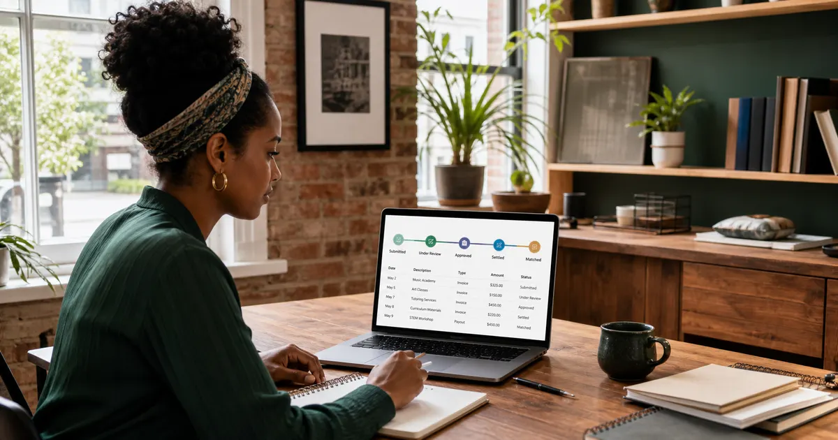 ESA provider reviewing ClassWallet submission, review, approval and settlement statuses for Indiana