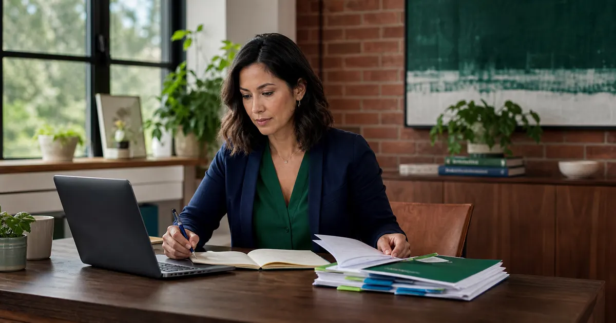 Indiana education provider reviewing the official Education Scholarship Account (ESA) source beside dated research notes