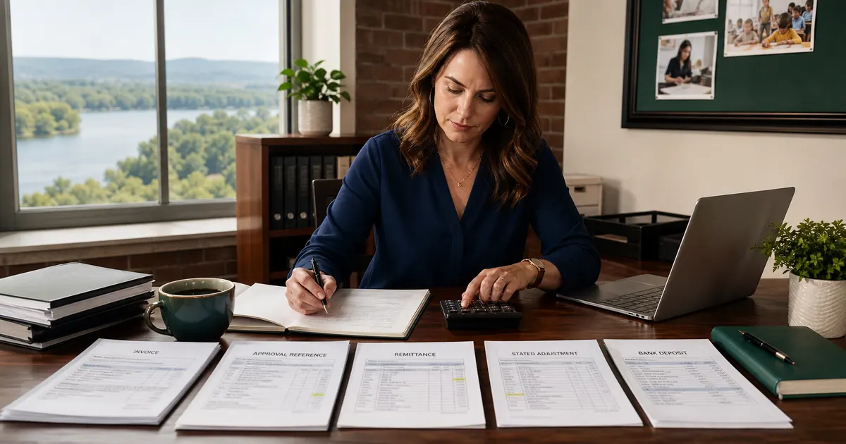 ESA provider matching a Missouri ESA invoice, approved amount, remittance, fee and bank deposit